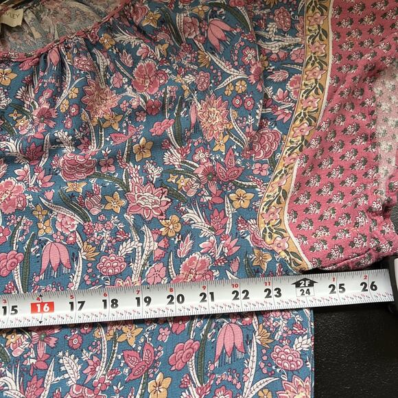 Cynthia Rowley Blouse Women's 1X Soft Floral Pink Blue Boho Tassels Peasant - Picture 9 of 10